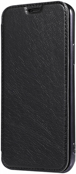 Apple iPhone XR oldalra nyíló flipes bőrtok átlátszó szilikon hátlap, fémhatású keret fekete