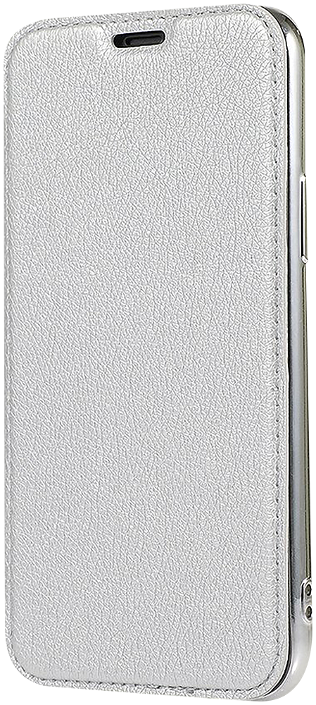 Apple iPhone XR oldalra nyíló flipes bőrtok átlátszó szilikon hátlap, fémhatású keret ezüst