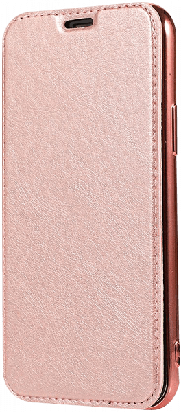 Apple iPhone 12 Pro Max oldalra nyíló flipes bőrtok átlátszó szilikon hátlap, fémhatású keret rozéarany