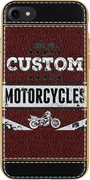 Apple iPhone SE (2020) szilikon tok bőrhatású custom motorcycles mintás fehér/piros, arany kerettel