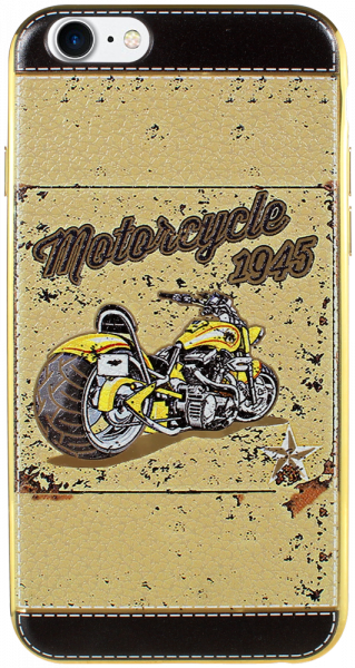 Apple iPhone 7 szilikon tok bőrhatású "motorcycle 1945" mintás bézs, arany kerettel