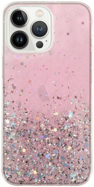 Apple iPhone 13 Pro kemény hátlap szilikon kerettel flitteres átlátszó rózsaszín