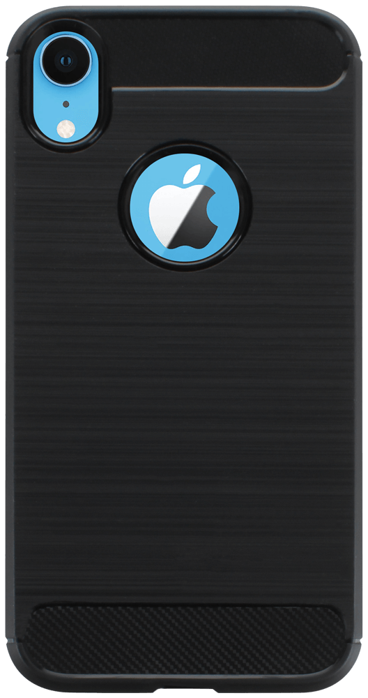 Apple iPhone XR ütésálló szilikon tok szálcsiszolt-karbon minta légpárnás sarok logó kihagyós fekete