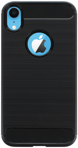 Apple iPhone XR ütésálló szilikon tok szálcsiszolt-karbon minta légpárnás sarok logó kihagyós fekete