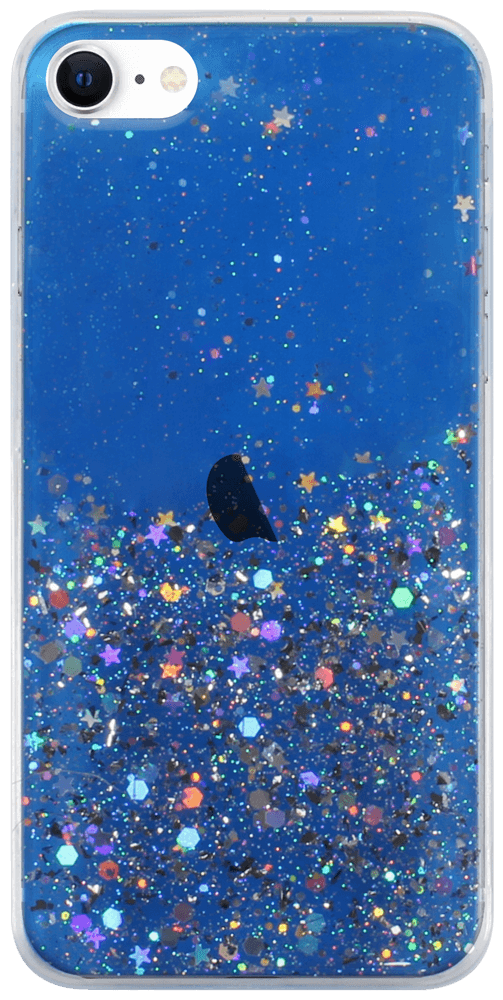 Apple iPhone SE (2020) kemény hátlap szilikon kerettel flitteres átlátszó kék