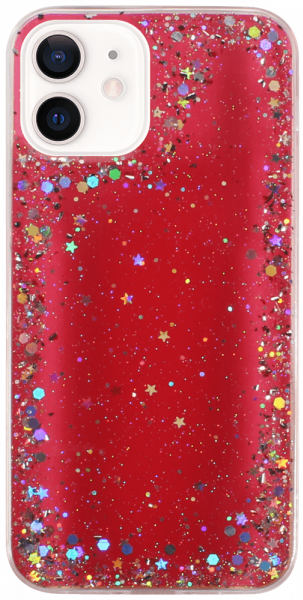 Apple iPhone 12 kemény hátlap szilikon kerettel flitteres átlátszó piros
