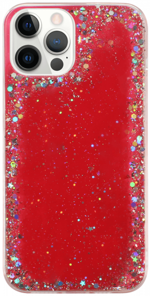 Apple iPhone 12 Pro Max kemény hátlap szilikon kerettel flitteres átlátszó piros