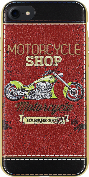 Apple iPhone SE (2022) szilikon tok bőrhatású motorcycle shop mintás piros/fekete, arany kerettel