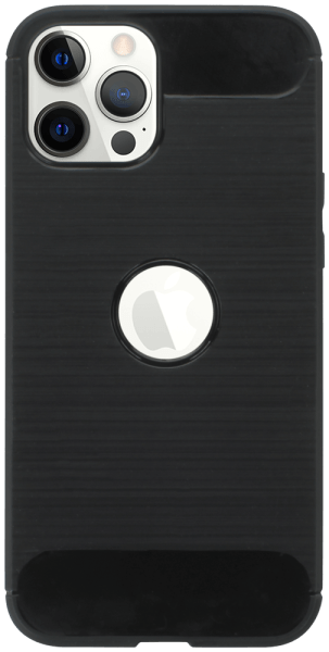 Apple iPhone 12 Pro Max ütésálló szilikon tok szálcsiszolt-karbon minta légpárnás sarok logó kihagyós fekete