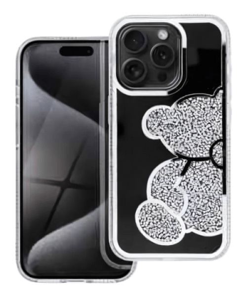 TEDDY BEAR Tok iPhone 14 Pro-hoz – Ezüst Csillogó Mackómintával