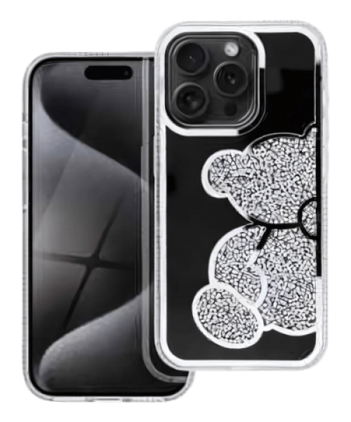 TEDDY BEAR Tok – iPhone 14 készülékhez, Ezüst Színben, Csillogó Mackómintával