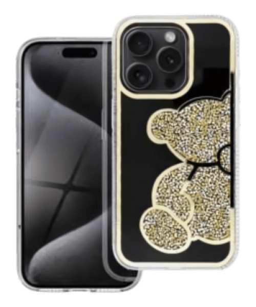 TEDDY BEAR arany tok iPhone 14 Pro Max készülékhez – Csillogó mackómintával