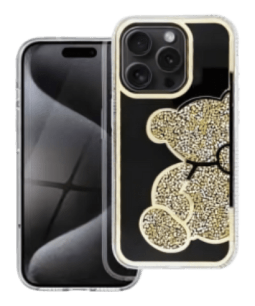 TEDDY BEAR Tok iPhone 14 Pro-hoz – Arany Csillogó Mackómintával