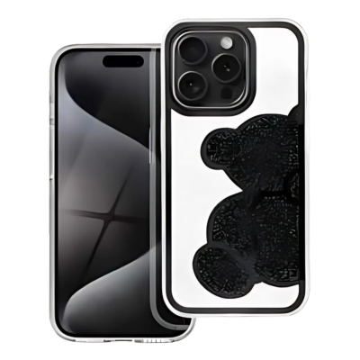TEDDY BEAR Tok iPhone 15-höz – Elegáns Védelem csillogó fekete színben
