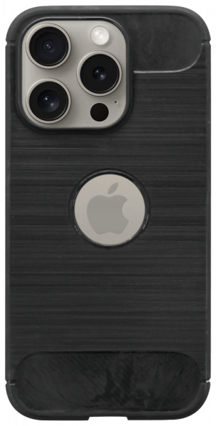 Apple iPhone 15 Pro ütésálló szilikon tok szálcsiszolt-karbon minta légpárnás sarok logó kihagyós fekete