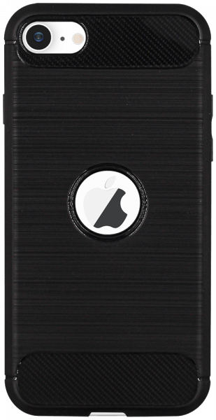 Apple iPhone SE (2022) ütésálló szilikon tok szálcsiszolt-karbon minta légpárnás sarok logó kihagyós fekete